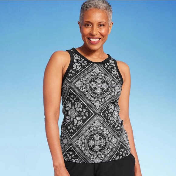 Lands' End Women's UPF 50 Bandana Print High Neck Tankini Top - Black S - Picture 1 of 3